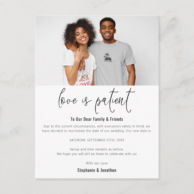 Wedding Photo Love Is Patient Save New Date Announcement Postcard (Front)