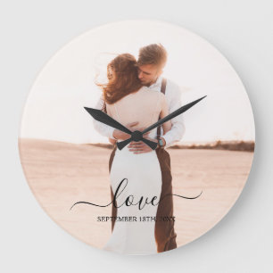 Wedding Photo Memory Love Script Anniversary Large Clock