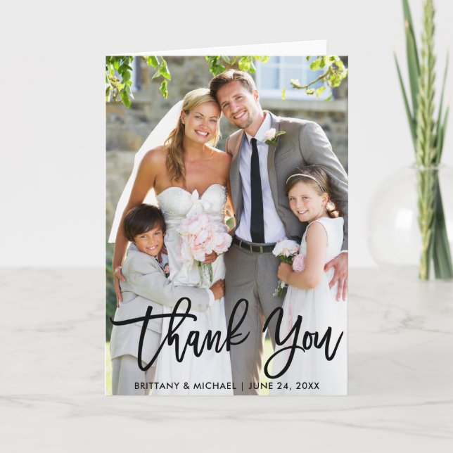 Wedding Photo Modern Brush Script Fold Thank You Card (Front)