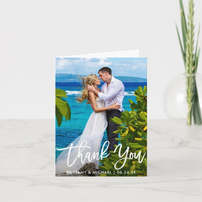 Wedding Photo Modern Brush Script Note Thank You Card (Front)