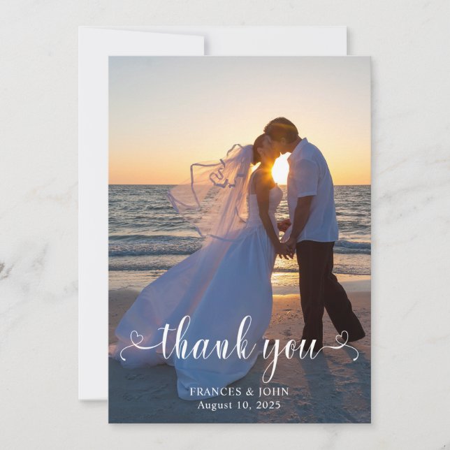 Wedding Photo Modern Heart Swash Script V Thank You Card (Front)