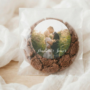 Wedding Photo Modern Whimsical Script Classic Round Sticker