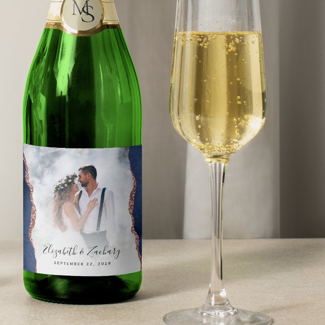 Wedding Photo Navy Blue Rose Gold Agate Sparkling Wine Label (Creator Uploaded)