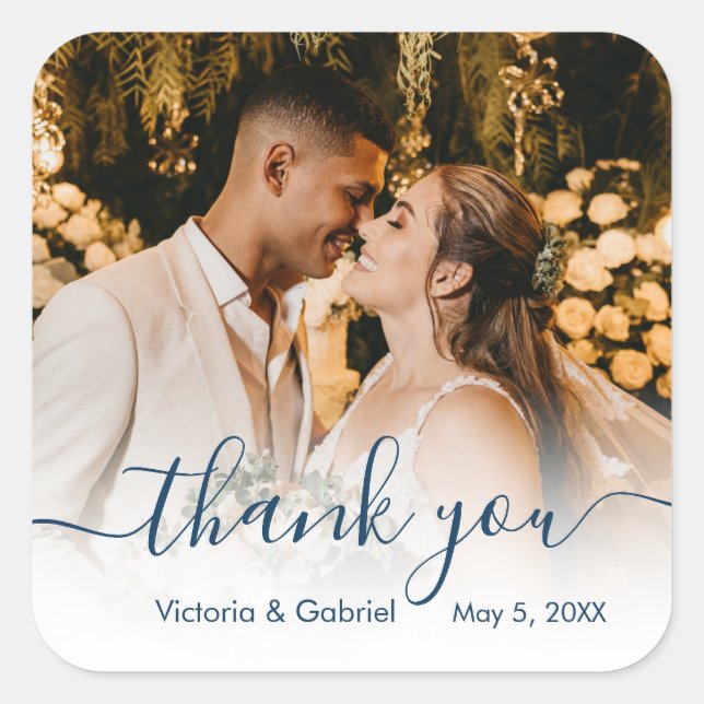 Wedding Photo Navy Script Photo Thank You Square Sticker (Front)