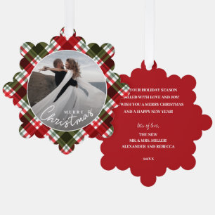 Wedding Photo on Plaid Plaid Christmas Tree Decoration Card