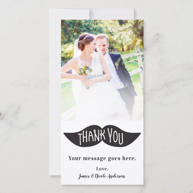 Wedding Photo Picture Black Moustache Thank You Card (Front)