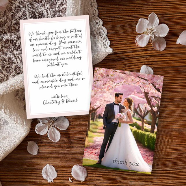 Wedding Photo Pink and White Thank You Card (Wedding photo handwritten typography thank you card by Darling & May)