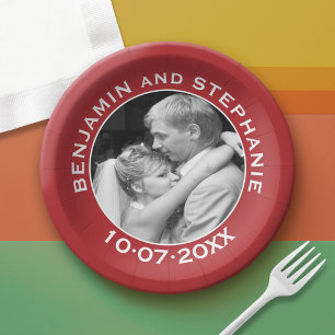 Wedding Photo - red border - modern minimal Paper Plate