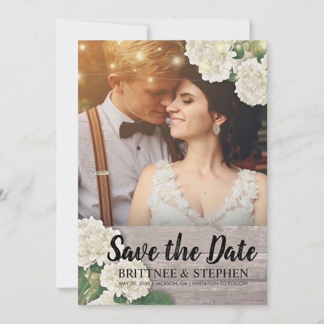 Wedding Photo Save The Date Hydrangeas Lights Wood (Front)