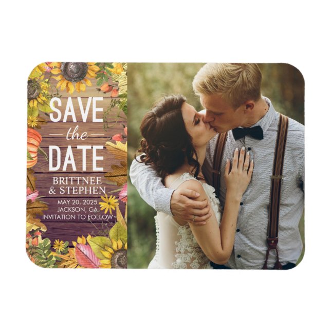 Wedding Photo Save The Date Maple Leaves Pumpkins Magnet (Horizontal)