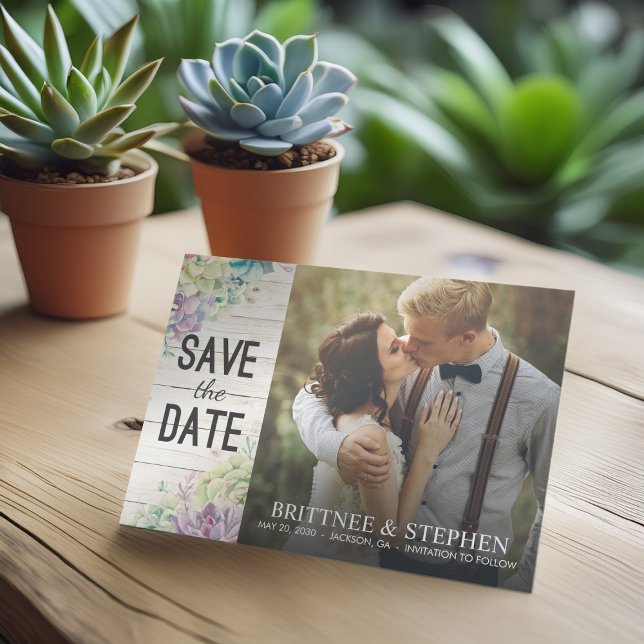 Wedding Photo Save The Date Succulents Rustic Wood (Creator Uploaded)