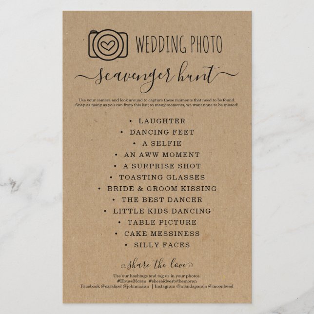 Wedding Photo Scavenger Hunt I Spy Game Kraft Flyer (Front)
