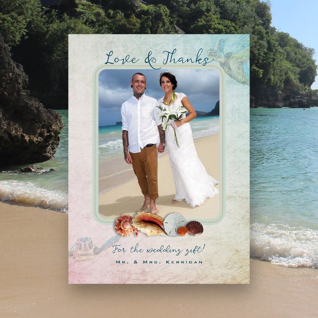 Wedding Photo Sea Turtle Beach Shells  Thank You Card (Creator Uploaded)