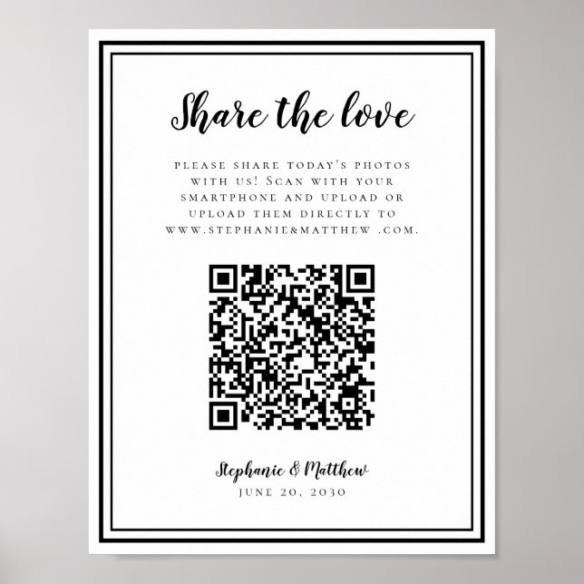 Wedding Photo Share The Love QR Scan Black & White Poster (Front)