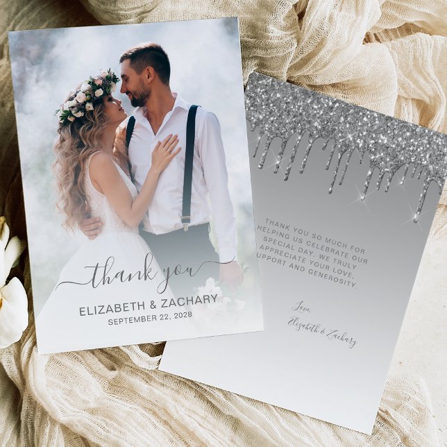 Wedding Photo Silver Glitter Drip Thank You Card (Creator Uploaded)