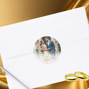 Wedding Photo Simple Gold Rings Thank You  Classic Round Sticker