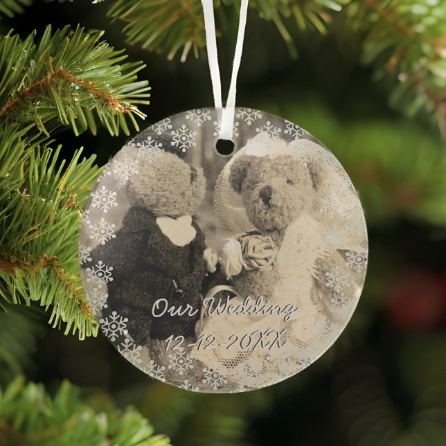 Wedding Photo Snowflake Frame Bride & Groom Glass Tree Decoration (Upload your photo to this snowflake framed ornament. Add your special date too)