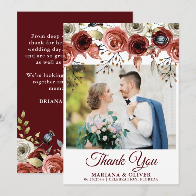 Wedding Photo Thank You Card Autumn Mix Floral (Front/Back)