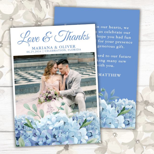 Wedding Photo Thank You Card Blue Hydrangea Floral (Creator Uploaded)