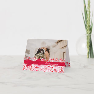 Wedding photo thank you card hearts & red ribbon