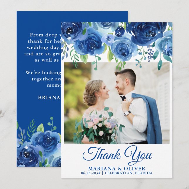 Wedding Photo Thank You Card Navy Blue Floral (Front/Back)
