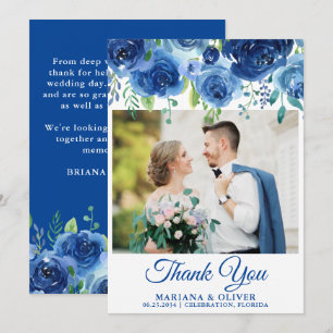 Wedding Photo Thank You Card Navy Blue Floral