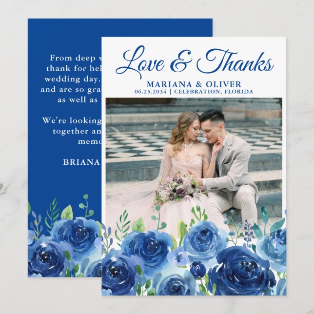 Wedding Photo Thank You Card Navy Blue Floral (Front/Back)