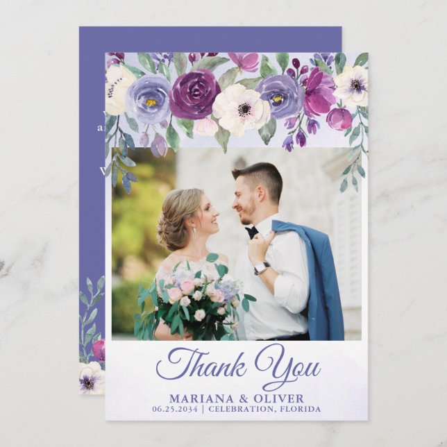Wedding Photo Thank You Card Purple Fuchsia Floral (Front/Back)