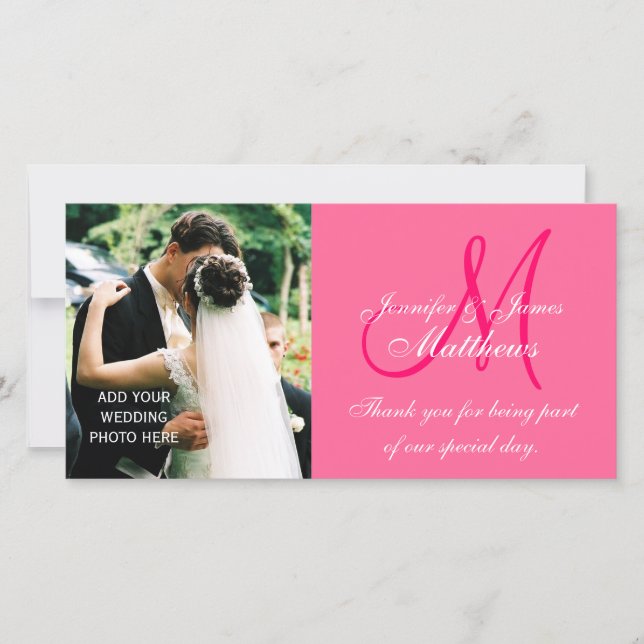 Wedding Photo Thank You Cards with Monogram Pink (Front)