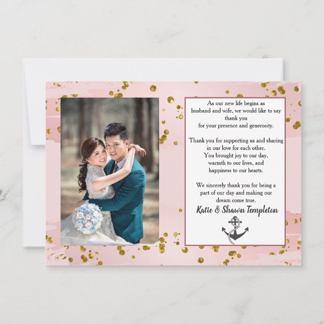 Wedding Photo Thank You Double Sided Nautical Gold Card (Back)
