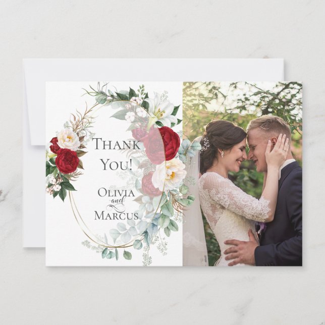Wedding Photo Thank You |  Elegant Red Peony Frame Card (Front)