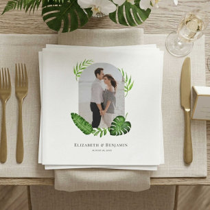 Wedding Photo Tropical Greenery Custom Name Date Napkin