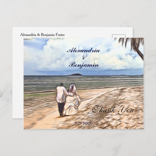 Wedding Photo Tropical Watercolor Thank you Postcard (Front/Back)