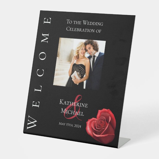 Wedding Photo Welcome Sign-Heart Shaped Red Rose- Pedestal Sign (Front)