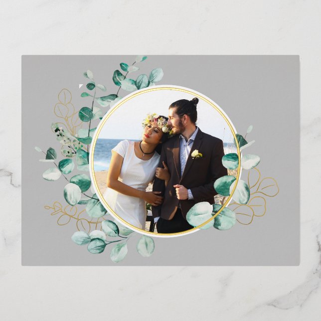 Wedding photo with simple greenery frame Card (Front)