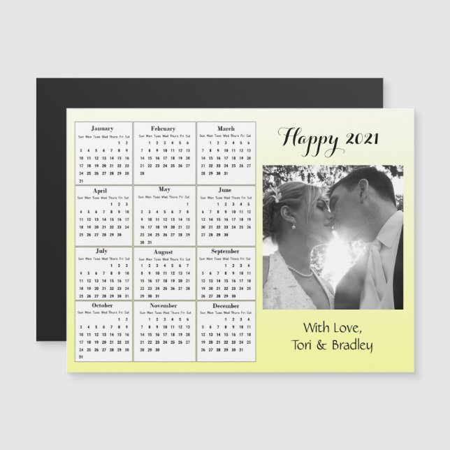 Wedding Photo Yellow Gradient  Mini 2021 Calendar Magnetic Invitation (Front/Back)