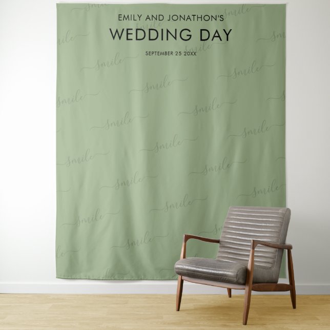 Wedding Photobooth Backdrop Typography Sage Green Tapestry (In Situ)