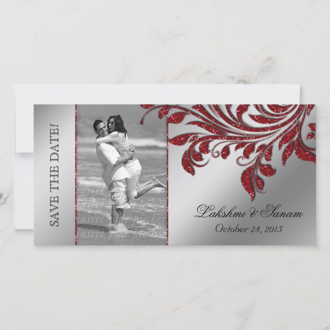 Wedding Photocard Save the Date Leaf Red Silver (Front)