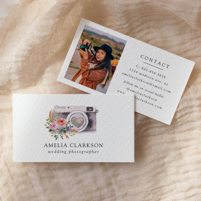 Wedding Photographer Watercolor Camera Business Card (Creator Uploaded)