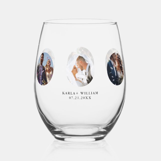 Wedding Photos Black Typography Stemless Wine Glass (Front)