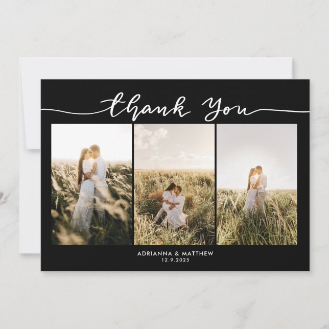 Wedding Photos Elegant Black Thank You Script Card (Front)
