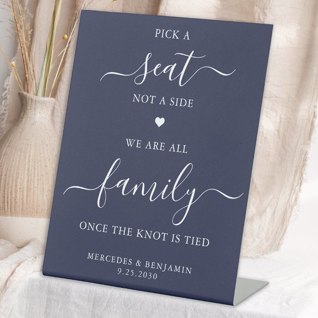Wedding Pick A Seat Not Side Personalise Navy Blue Pedestal Sign (Creator Uploaded)