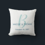 Wedding Pillow with Initial, Names and Date<br><div class="desc">This wedding throw pillow can be customised by changing the letter initial, names and date. You can also change the text colour to match your wedding colours. The background is a soft off-white blue. If you would like a custom background colour or if you need any help, please message us...</div>