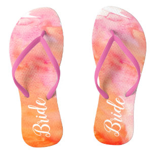 Wedding Pink and Orange Watercolor Bride Thongs