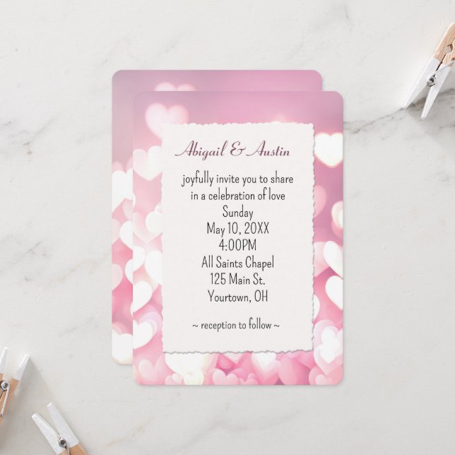 Wedding Pink And White Bokeh Hearts Invitation (Front/Back In Situ)