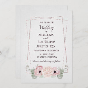 Wedding Pink Anemone and Glitter Frame  Invitation