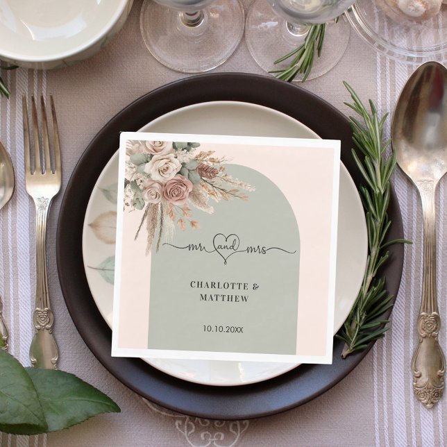 Wedding pink arch sage green mr mrs luncheon napkin (Creator Uploaded)
