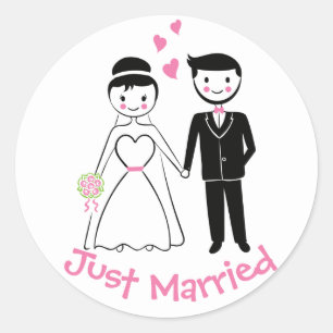 Wedding Pink Bride & Groom Cartoon Just Married Classic Round Sticker