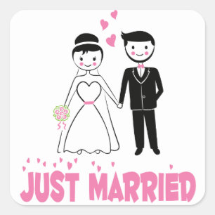 Wedding Pink Bride & Groom Cartoon Just Married Square Sticker