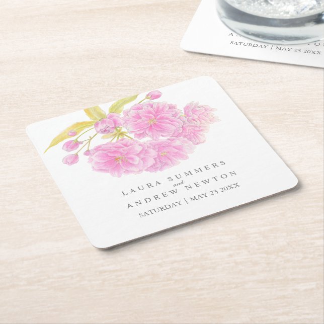 Wedding pink cherry blossom custom paper coasters (Angled)